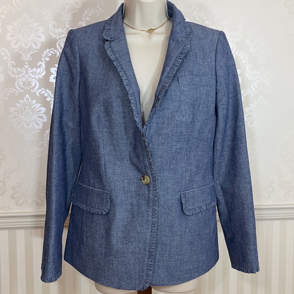 J. Crew Chambray Ruffle Trim Regent Blazer